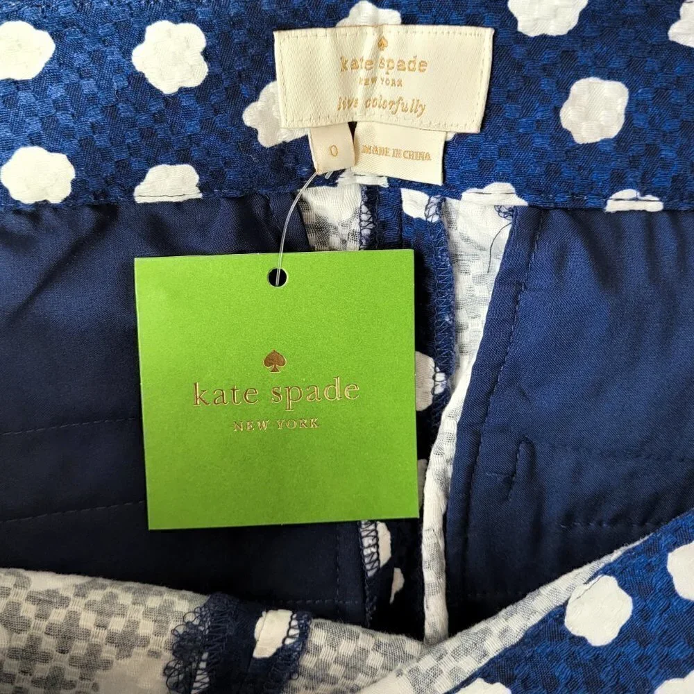 NWT Kate Spade Blue Jacquard Cloud Polka Dot High Waisted Cropped Pants